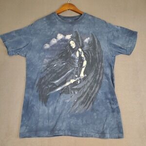 Fairy Fallen Angel Sword Warrior Blue Wings M T-Shirt Mountain Fantasy Cotton